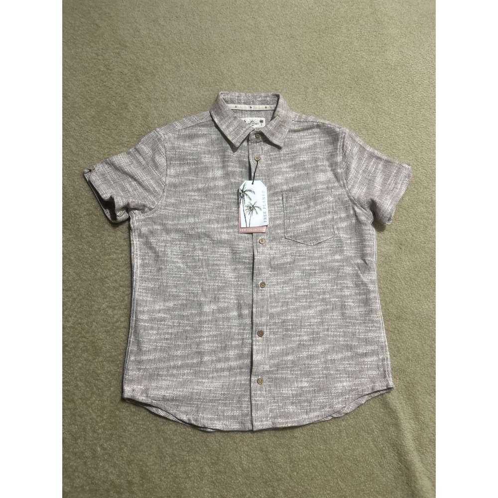 Free Planet Mens S Greek Key Resort Camp Shirt Short‎ Sleeve Beige Tan Button Up